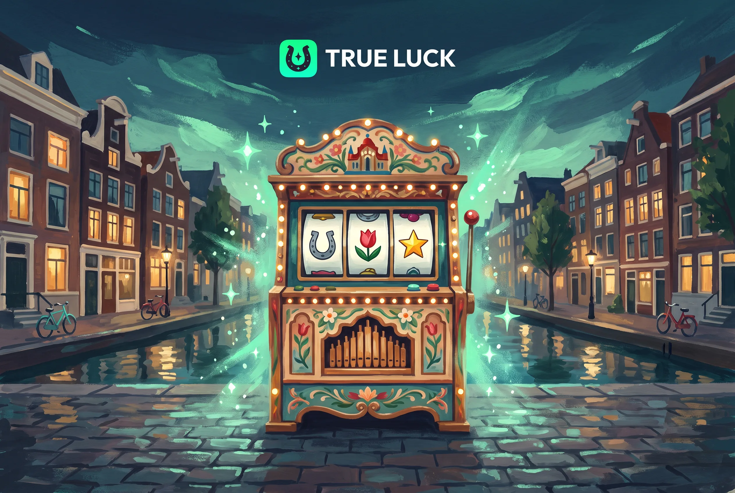 Een True Luck-speelautomaat aan een Nederlands kanaal